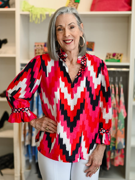 3/4 Flounce Sleeve Ruffle Collar Ikat Top by Multiples