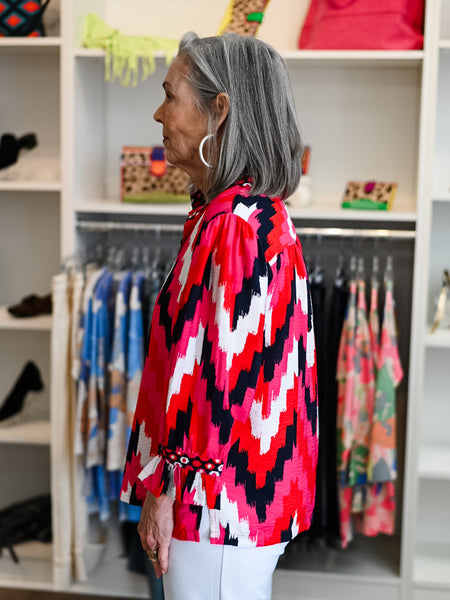 3/4 Flounce Sleeve Ruffle Collar Ikat Top by Multiples