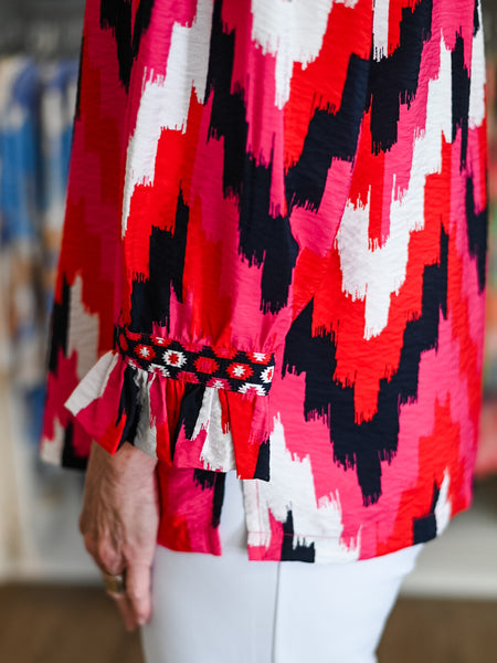 3/4 Flounce Sleeve Ruffle Collar Ikat Top by Multiples