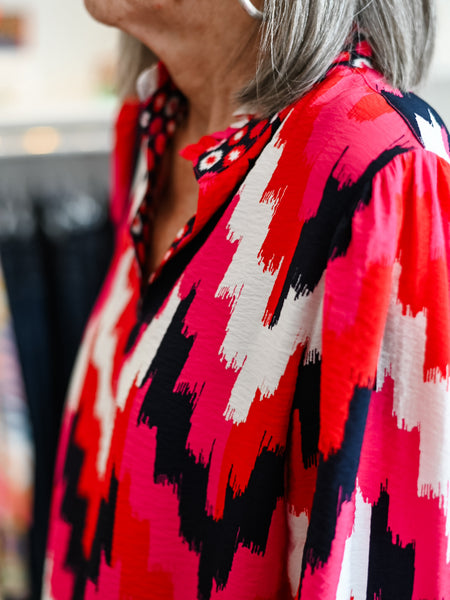 3/4 Flounce Sleeve Ruffle Collar Ikat Top by Multiples