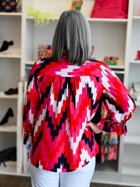 3/4 Flounce Sleeve Ruffle Collar Ikat Top by Multiples