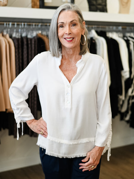 3/4 Drawstring Sleeve Double Fringe Hem Top White by Multiples