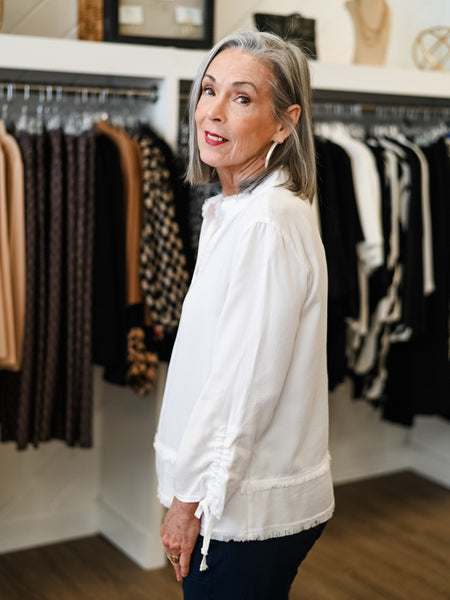 3/4 Drawstring Sleeve Double Fringe Hem Top White by Multiples