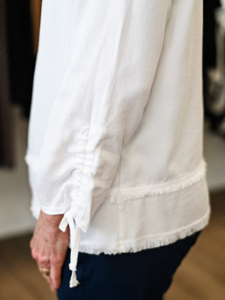 3/4 Drawstring Sleeve Double Fringe Hem Top White by Multiples