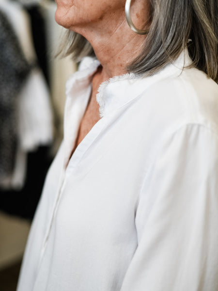 3/4 Drawstring Sleeve Double Fringe Hem Top White by Multiples