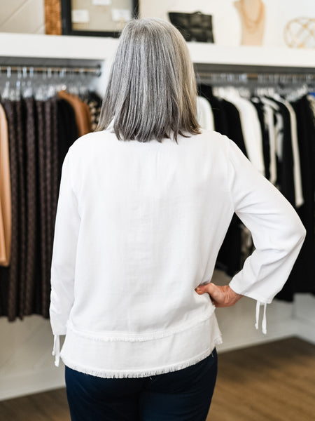 3/4 Drawstring Sleeve Double Fringe Hem Top White by Multiples