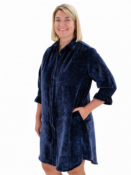 3/4 Sleeve Crushed Velvet Dress Midnight by Boho Chic