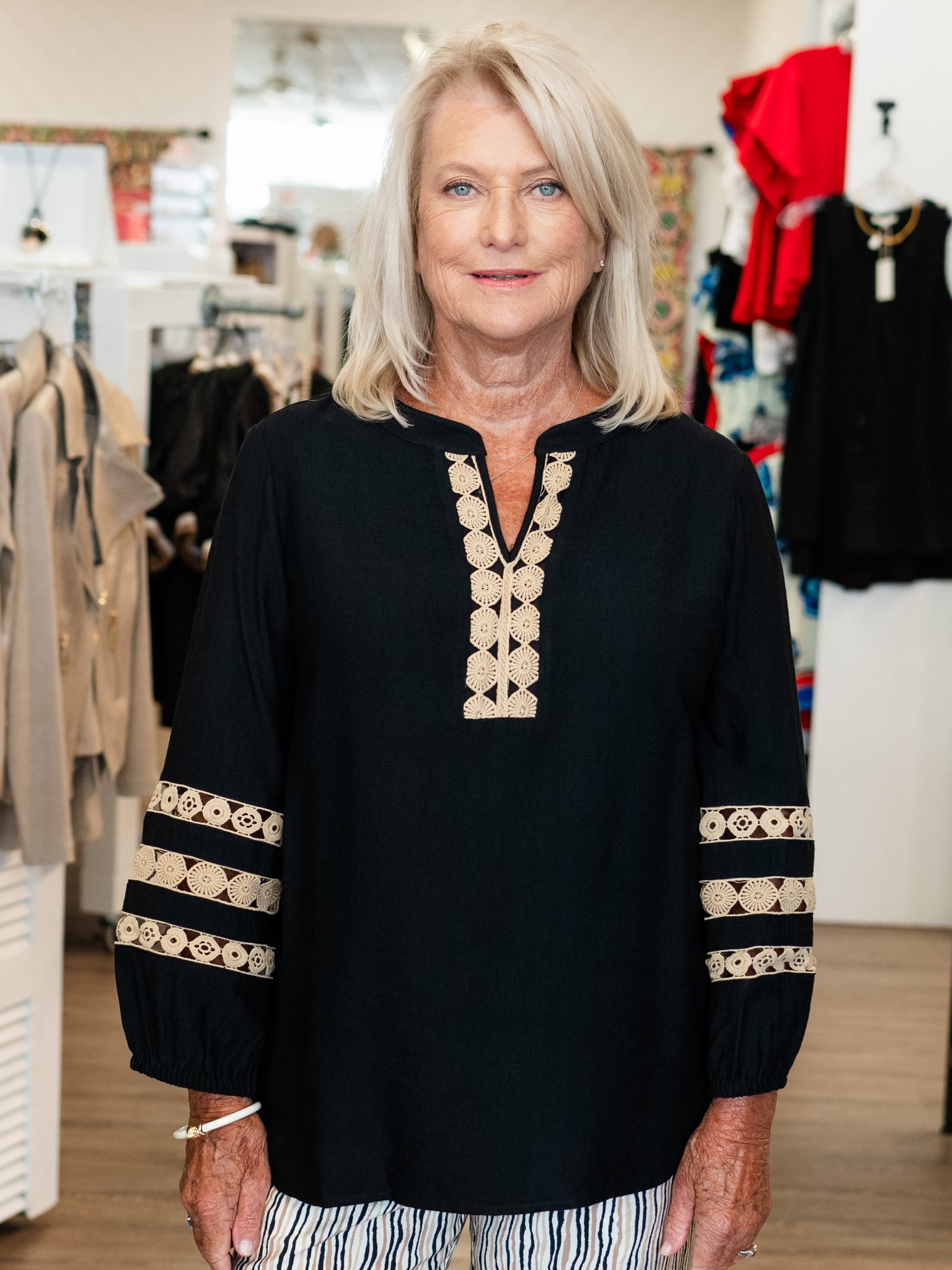 Lace Trim Notch V-Neck Top Black by Multiples