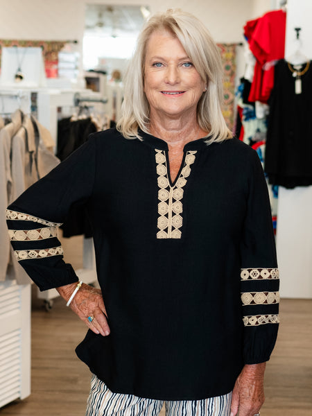 Lace Trim Notch V-Neck Top Black by Multiples