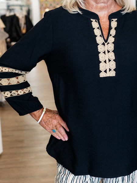 Lace Trim Notch V-Neck Top Black by Multiples