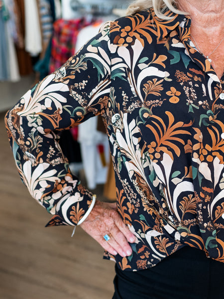 Printed Satin Button-Down Shirt w/ Twisted Front Batik by Charlie B