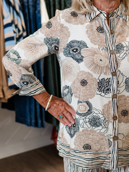 Floral Blouse with Contrast Stripe Hem by Multiples