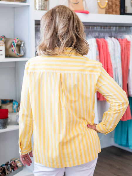 Collared Embroidery Yellow Stripe Shirt by Tru Luxe