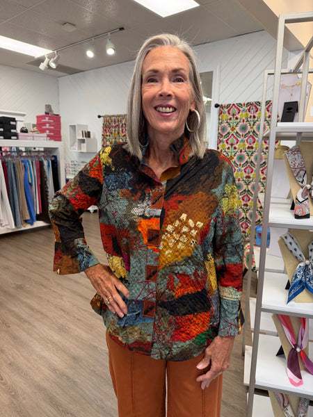 Textured Woven Abstract Print Wire Collar Top by Ali Miles