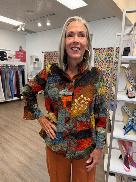 Textured Woven Abstract Print Wire Collar Top by Ali Miles