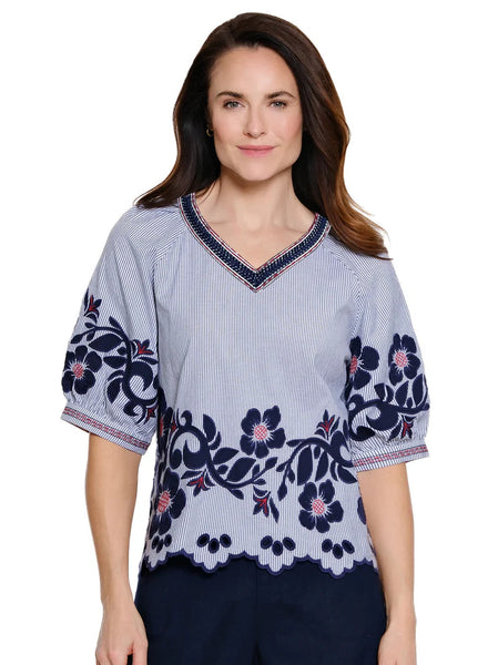 Floral Applique Striped Puff Sleeve Top Navy Multi by John Mark