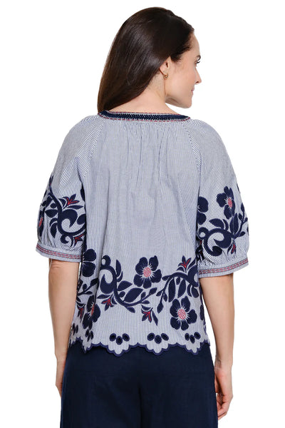 Floral Applique Striped Puff Sleeve Top Navy Multi by John Mark