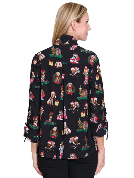 Novelty Print Button Front Top Black by John Mark