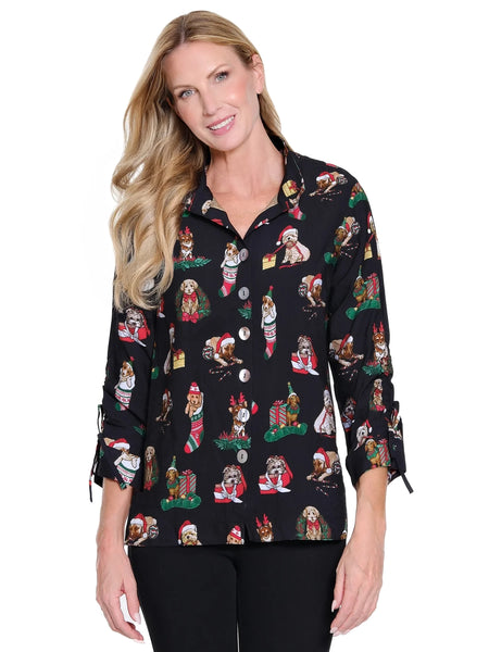 Novelty Print Button Front Top Black by John Mark