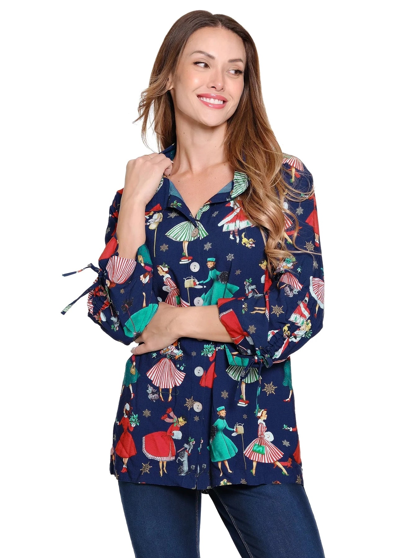 Novelty Print Button Front Top Navy by John Mark