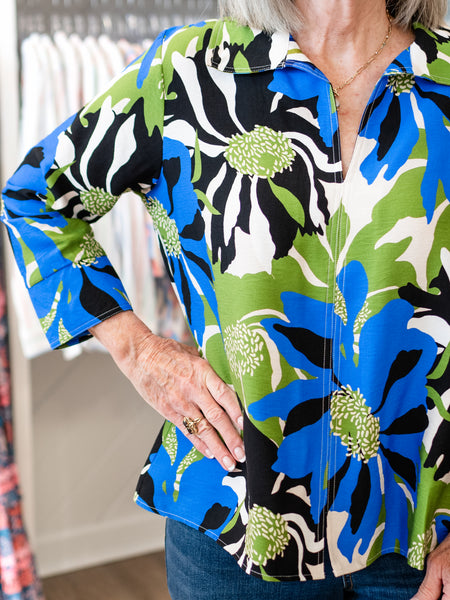 Blue Floral Collar Top by Boho Chic