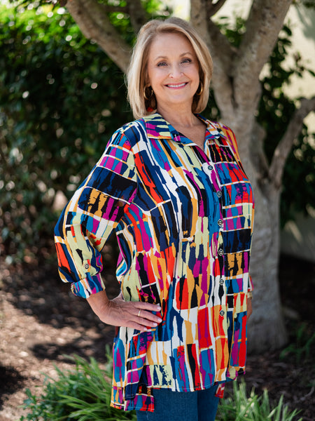 Hi-Lo Long Print Crinkle Blouse by Multiples