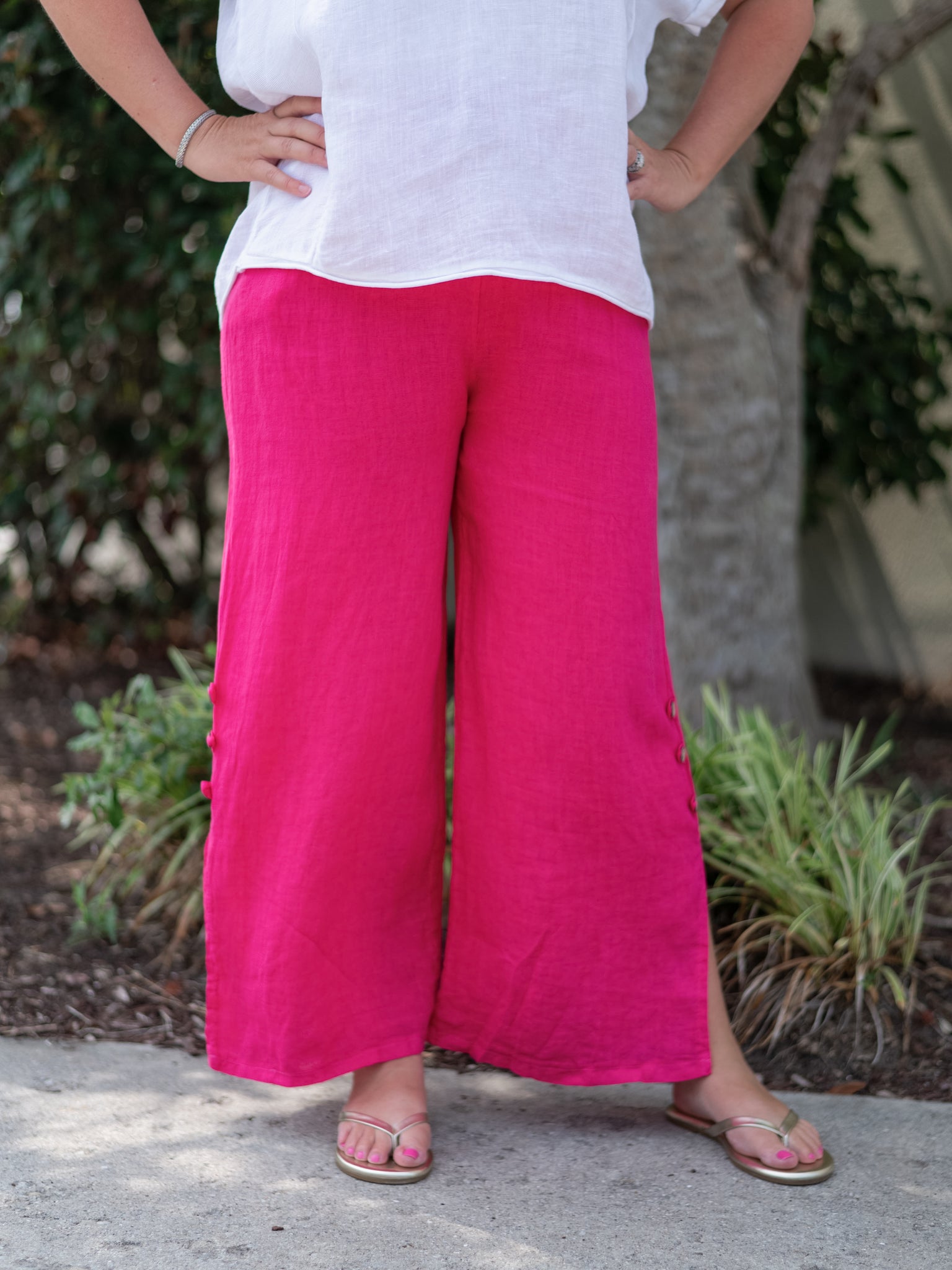 Linen Tie Waist Pant in Fuxia by Linen Luv