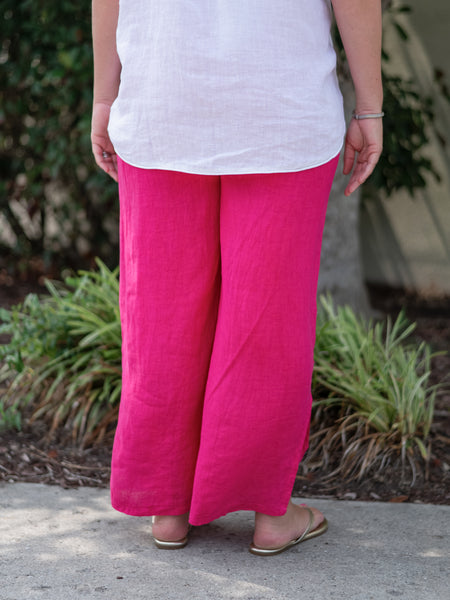Linen Tie Waist Pant in Fuxia by Linen Luv