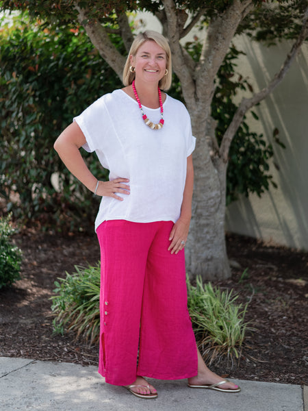 Linen Tie Waist Pant in Fuxia by Linen Luv