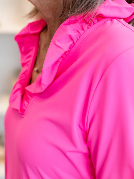 Ruffle Neck 3/4 Sleeve Top Hot Pink by Lulu B
