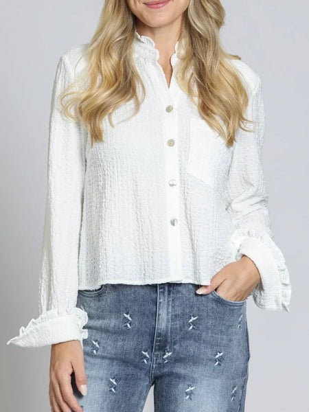 Ruffle Long Sleeve Crop Button-Up Shirt White by APNY