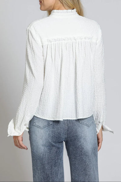 Ruffle Long Sleeve Crop Button-Up Shirt White by APNY