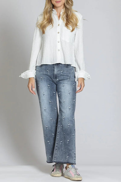 Ruffle Long Sleeve Crop Button-Up Shirt White by APNY