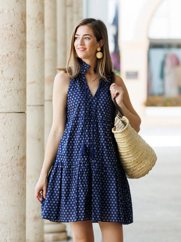 Lucile Dress Navy Sketched Dot by Duffield Lane