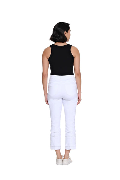 Denim Flare Crop Pant Multi Fringe Hem White by Multiples