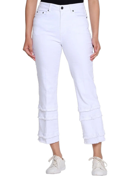 Denim Flare Crop Pant Multi Fringe Hem White by Multiples