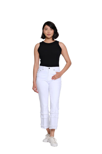 Denim Flare Crop Pant Multi Fringe Hem White by Multiples