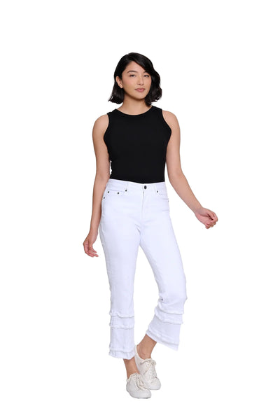 Denim Flare Crop Pant Multi Fringe Hem White by Multiples