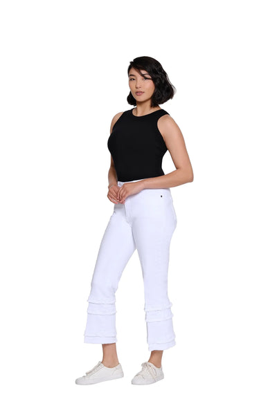 Denim Flare Crop Pant Multi Fringe Hem White by Multiples