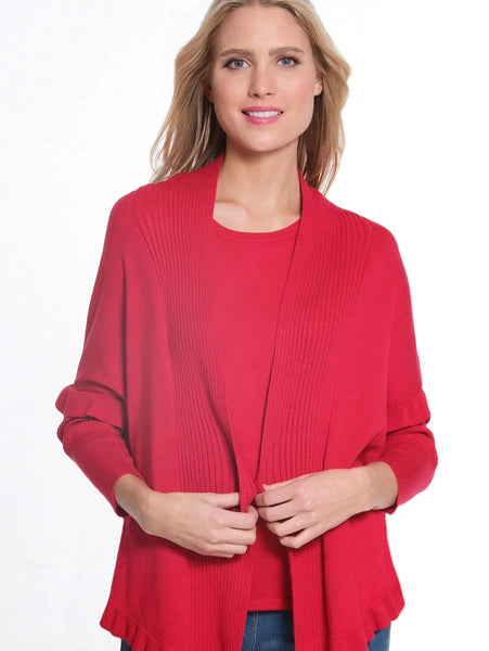 3/4 Ruffle Hem Shawl Collar Sweater Vivid Red by Multiples