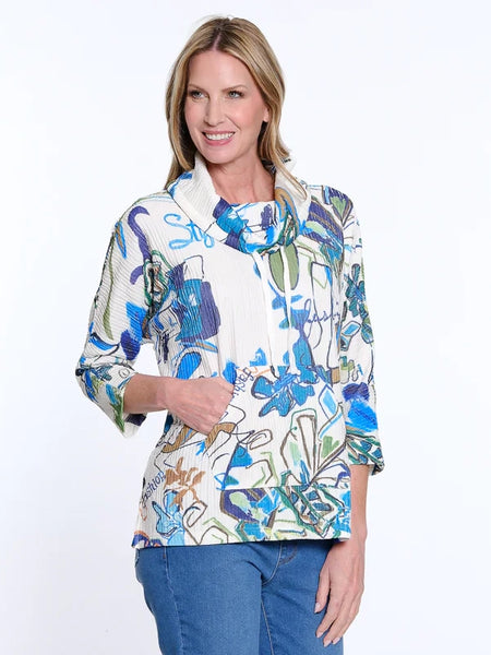 Drawstring Cowl Neck Print Top by Multiples