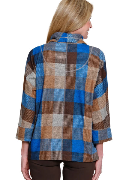 Plaid Cowl Neck Top Blue Aster by Multiples