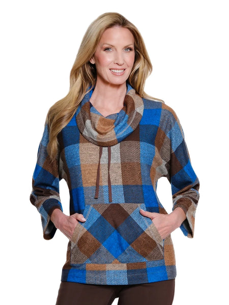 Plaid Cowl Neck Top Blue Aster by Multiples