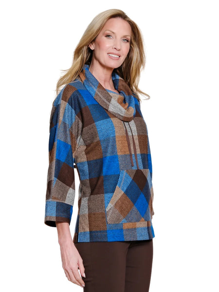 Plaid Cowl Neck Top Blue Aster by Multiples