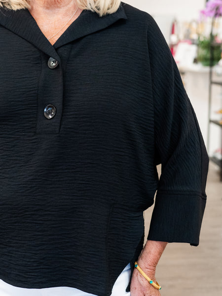 Two Button Pullover Blouse Black by Renuar