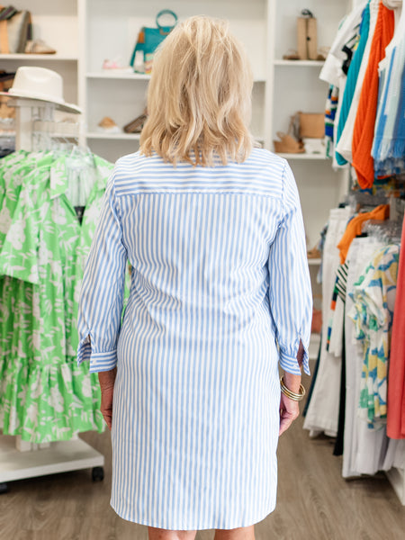 3/4 Sleeve Button Dress Blue Stripe by Boho Chic