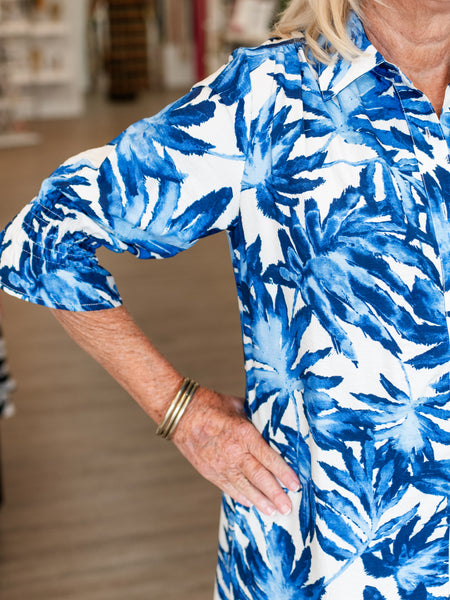 Blue & White Floral Button Down Dress by Boho Chic