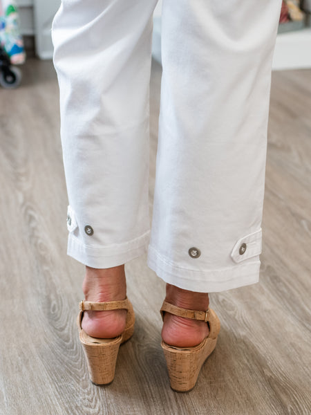 Cropped Pull-On Twill Pants w/ Hem Tab White by Charlie B