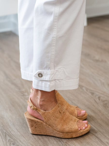 Cropped Pull-On Twill Pants w/ Hem Tab White by Charlie B