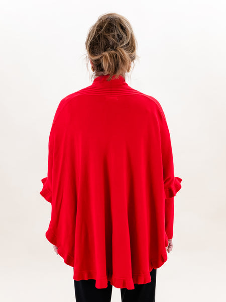 3/4 Ruffle Hem Shawl Collar Sweater Vivid Red by Multiples